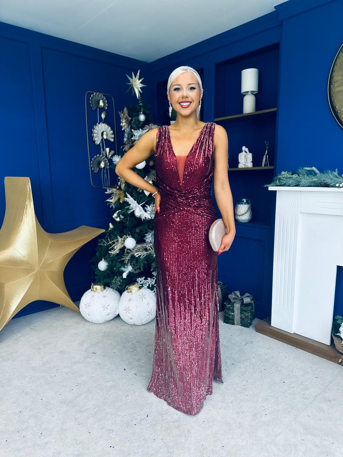 Kim Ombre Sequin Occasion Dress Burgundy