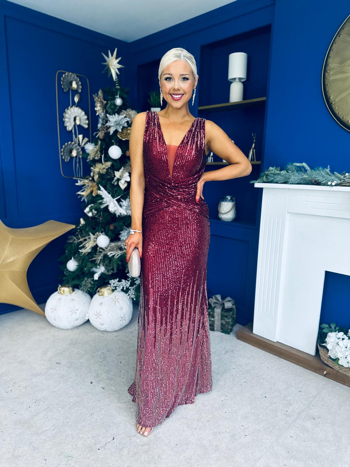 Kim Ombre Sequin Occasion Dress Burgundy