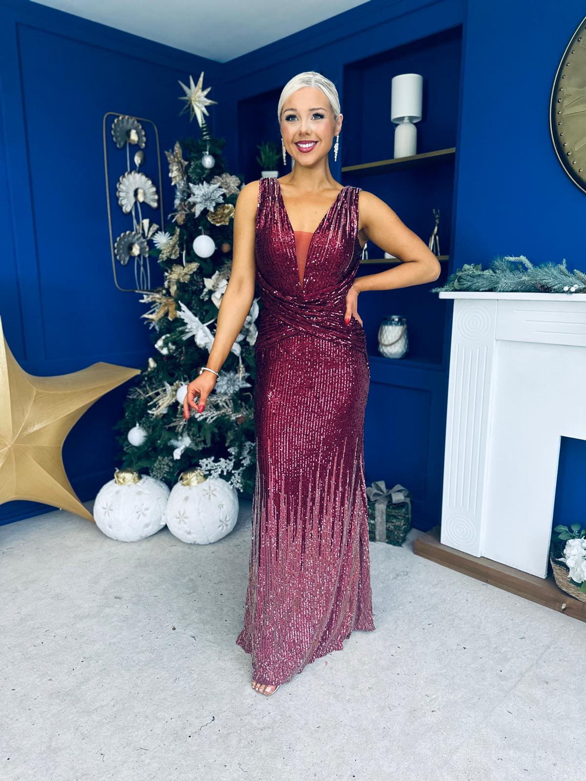 Kim Ombre Sequin Occasion Dress Burgundy