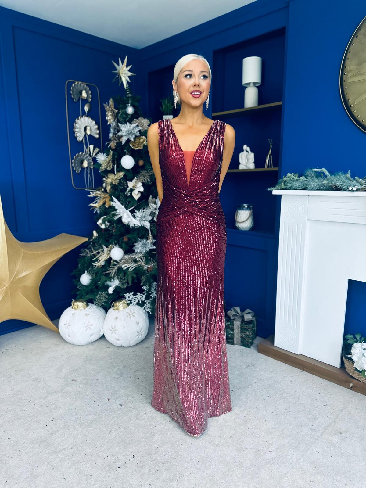 Kim Ombre Sequin Occasion Dress Burgundy