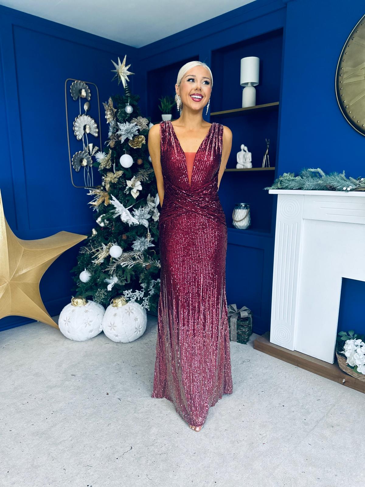 Kim Ombre Sequin Occasion Dress Burgundy