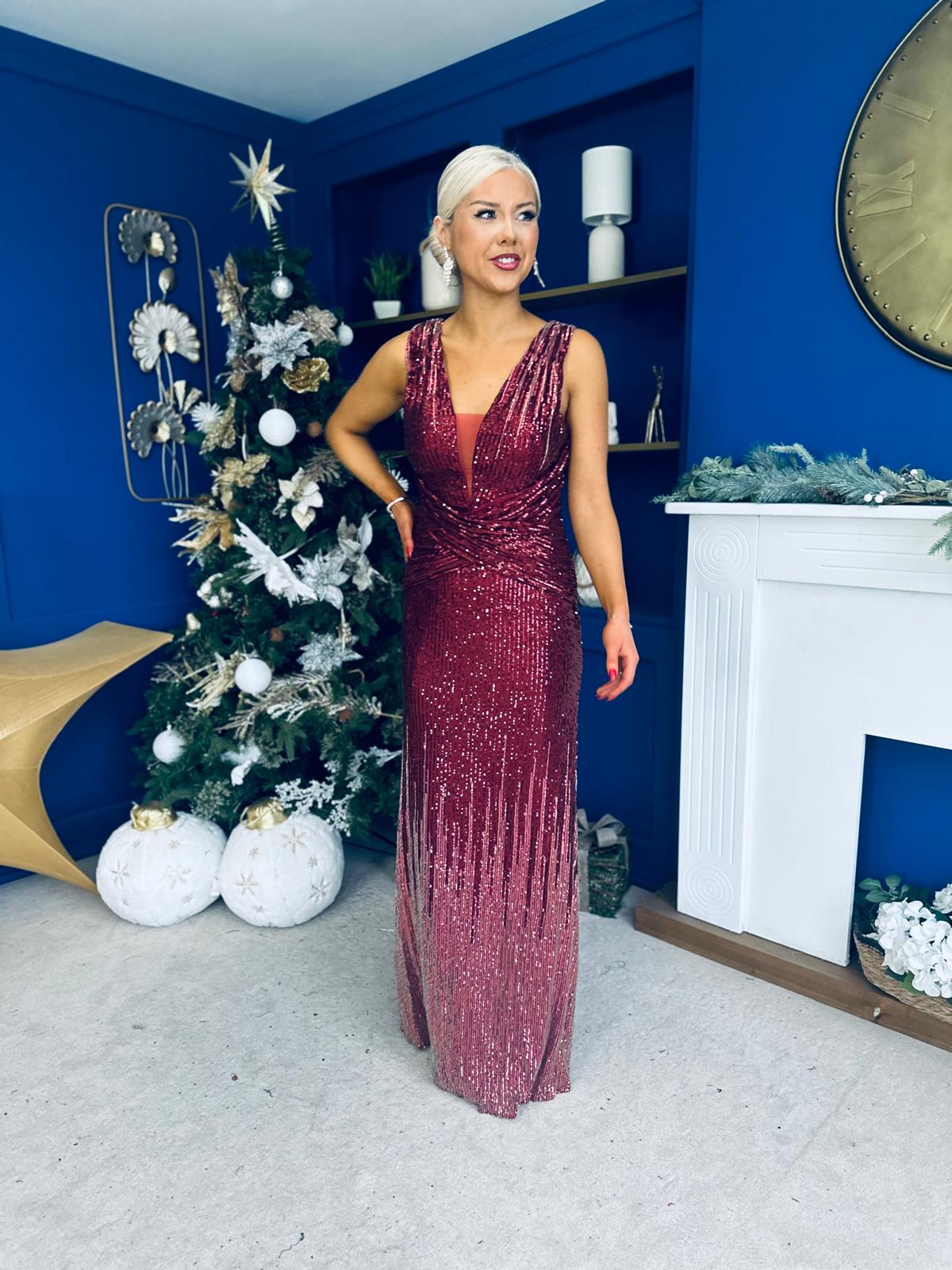 Kim Ombre Sequin Occasion Dress Burgundy