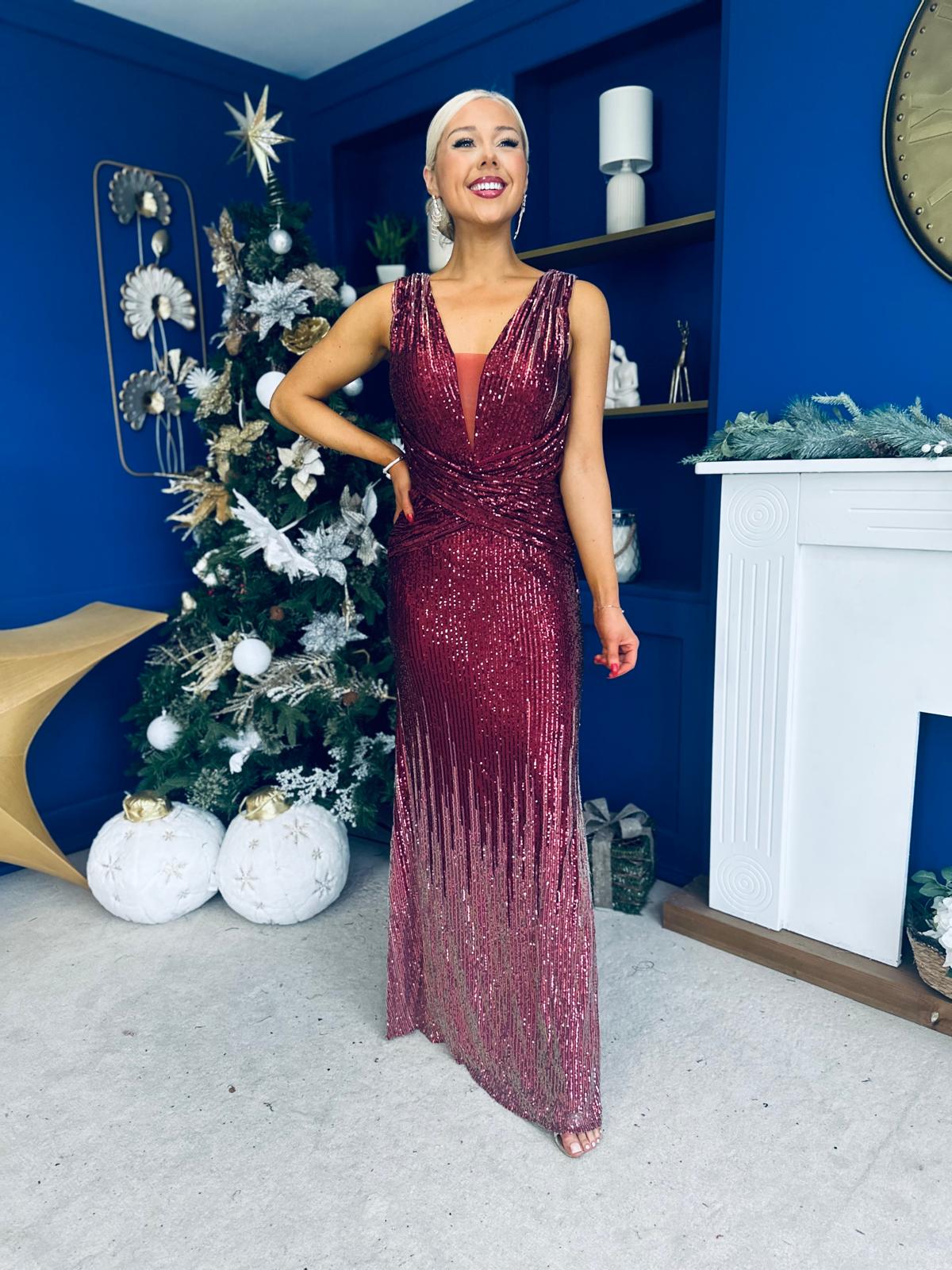 Kim Ombre Sequin Occasion Dress Burgundy
