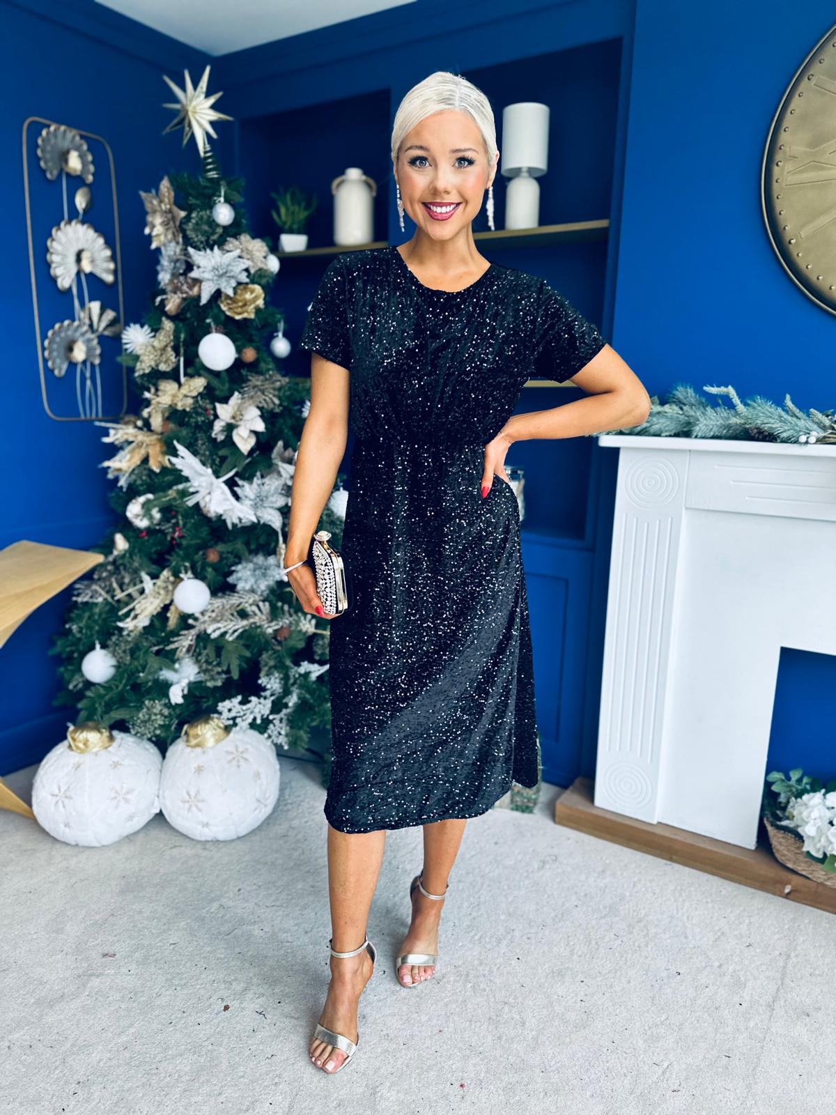 Janette Angel Sleeve Sequin Occasion Dress Black