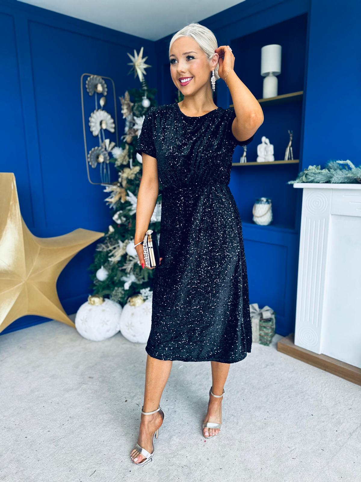 Janette Angel Sleeve Sequin Occasion Dress Black