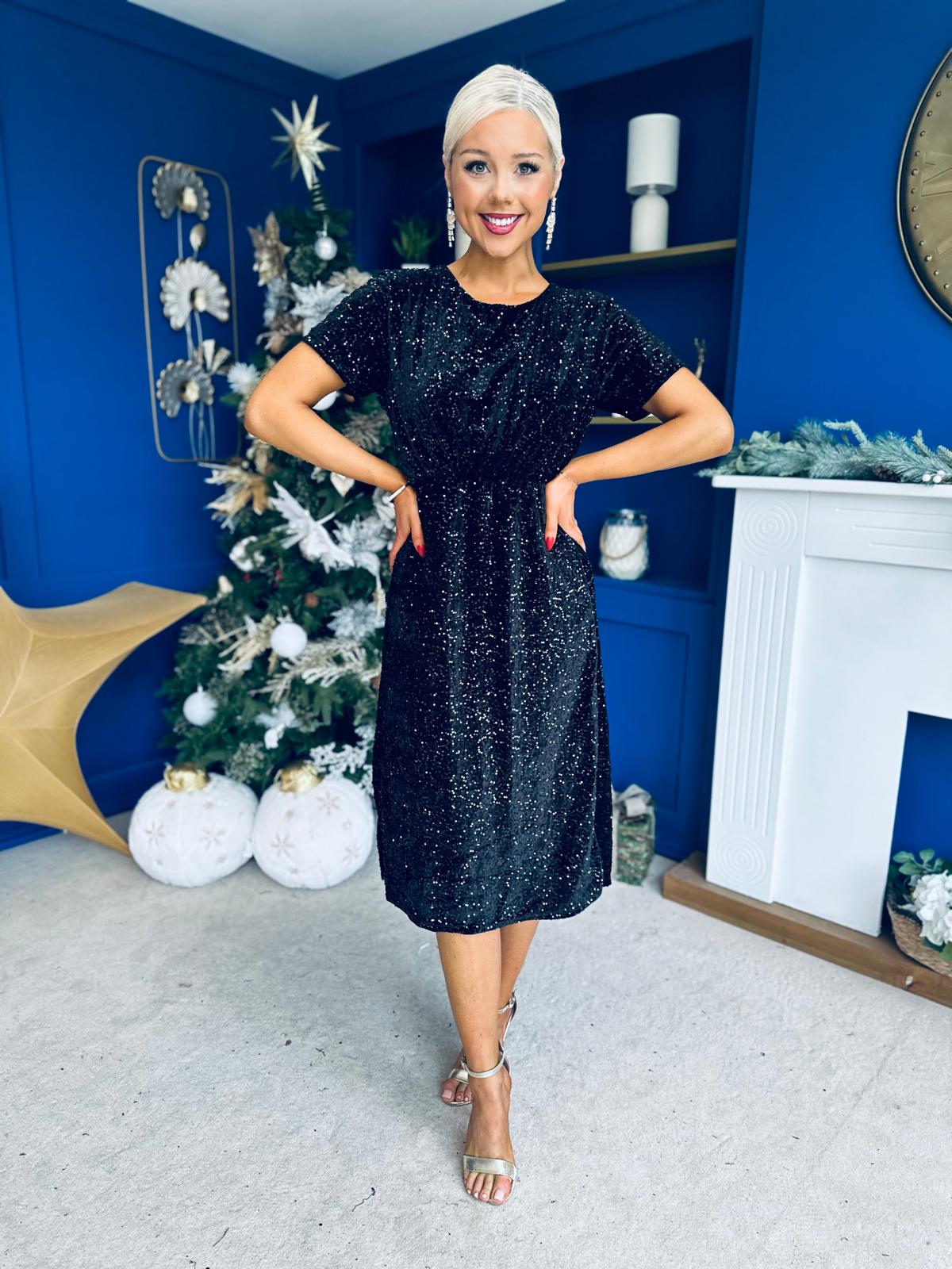 Janette Angel Sleeve Sequin Occasion Dress Black