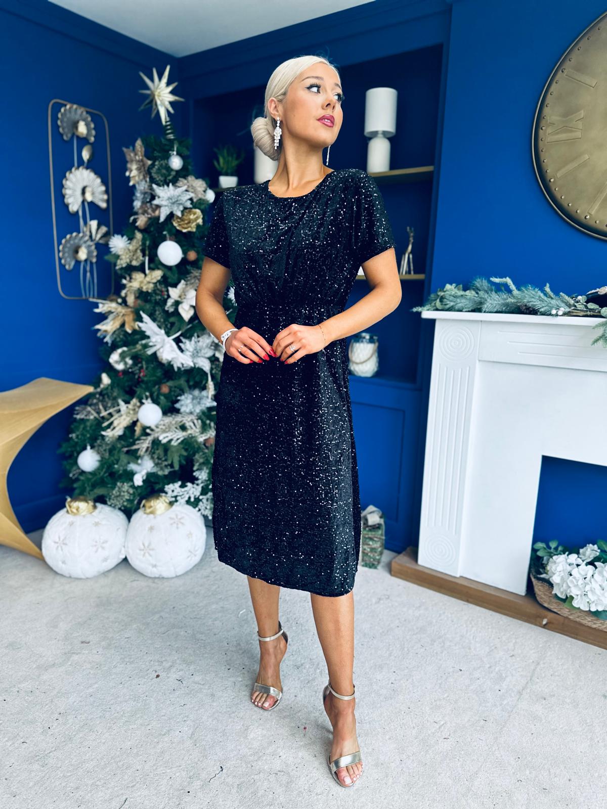 Janette Angel Sleeve Sequin Occasion Dress Black