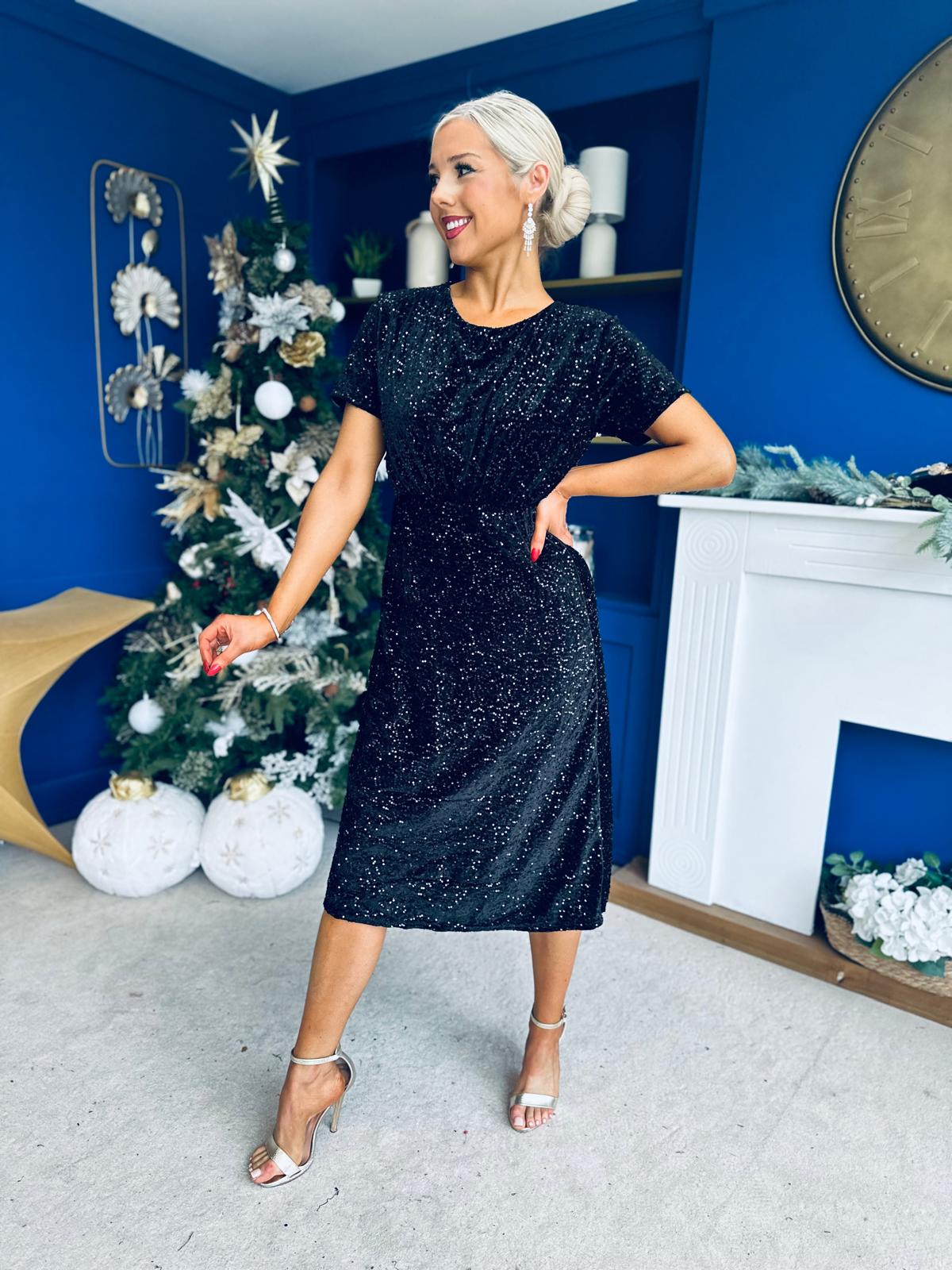 Janette Angel Sleeve Sequin Occasion Dress Black