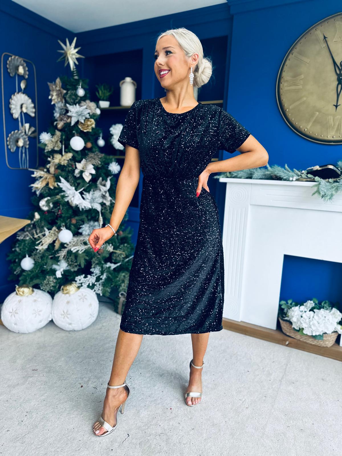 Janette Angel Sleeve Sequin Occasion Dress Black