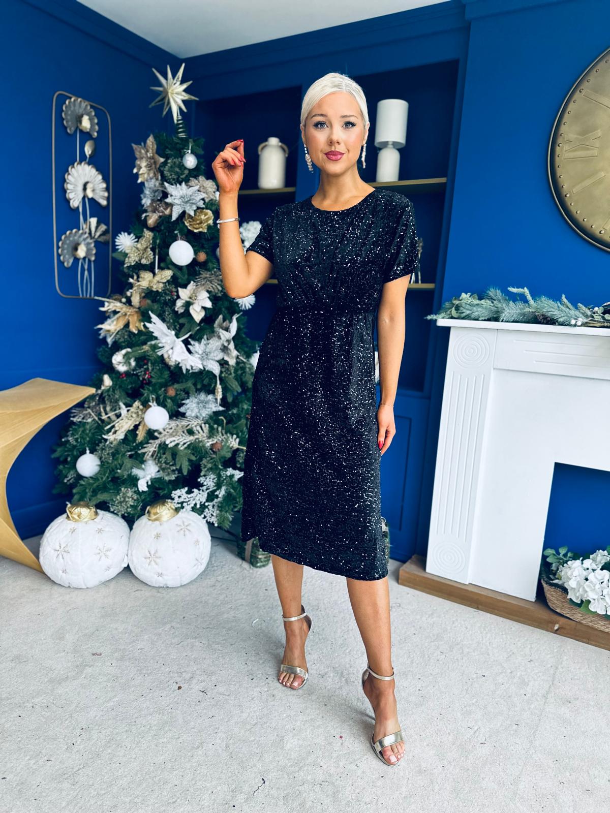 Janette Angel Sleeve Sequin Occasion Dress Black