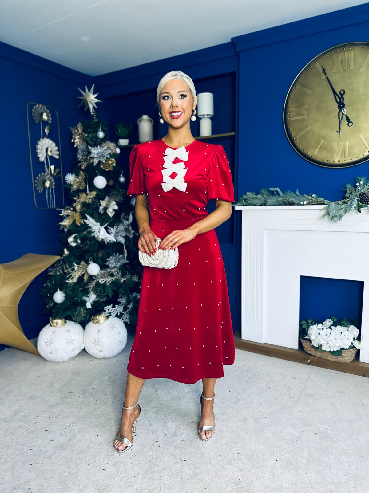 Caoimhe Pearl & Velvet Occasion Dress Red Pre Order 13 Dec