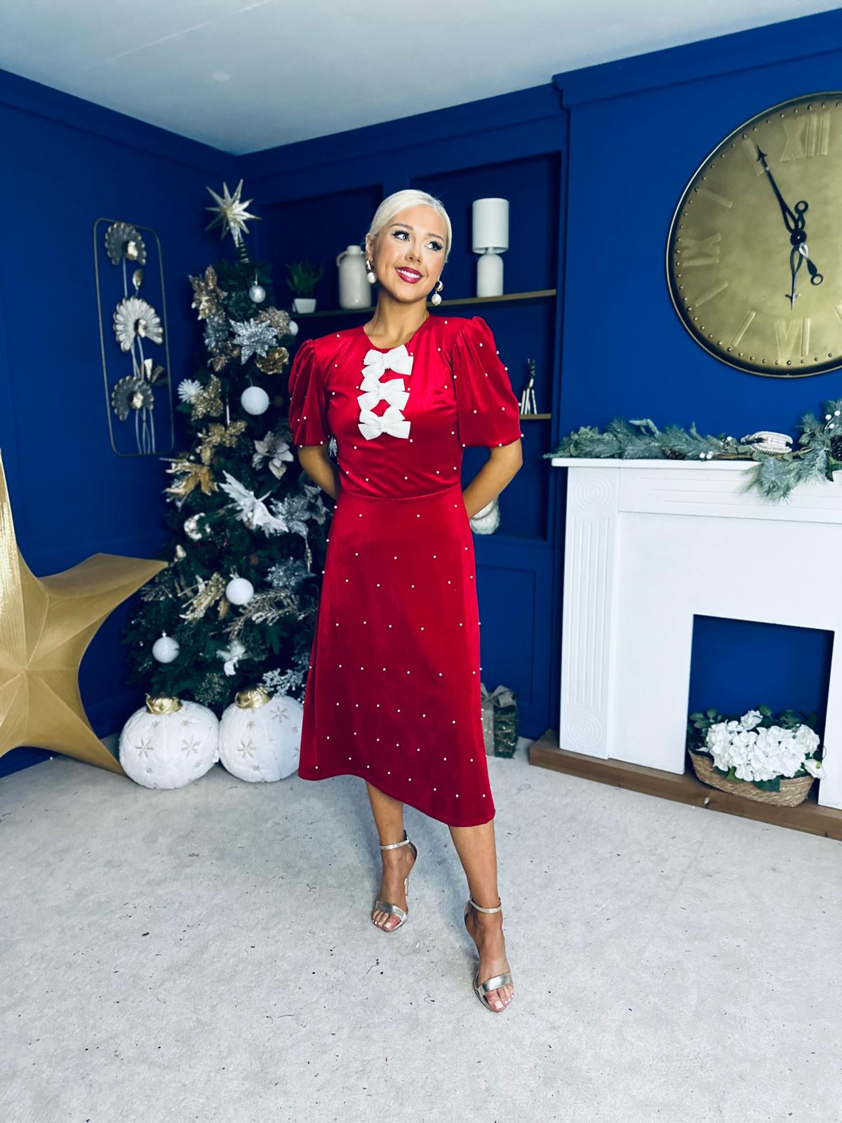 Caoimhe Pearl & Velvet Occasion Dress Red Pre Order 13 Dec