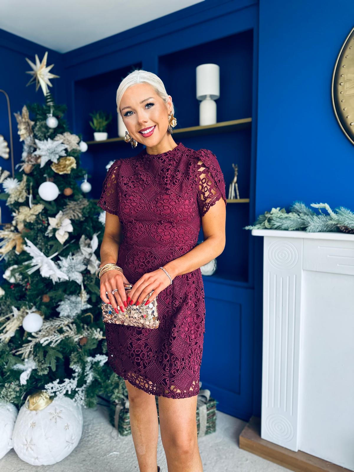 Ami Tulip Sleeve High Neck Mini Dress Crochet Wine