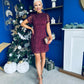 Ami Tulip Sleeve High Neck Mini Dress Crochet Wine
