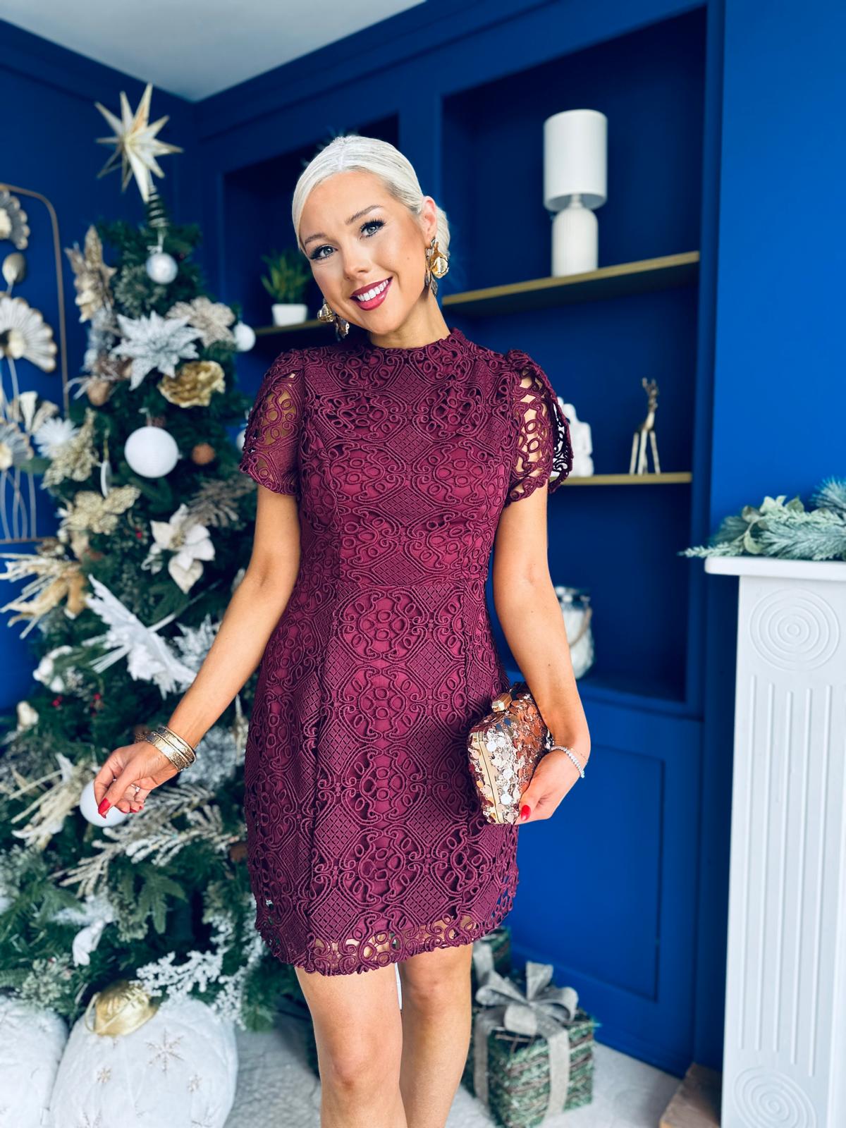 Ami Tulip Sleeve High Neck Mini Dress Crochet Wine