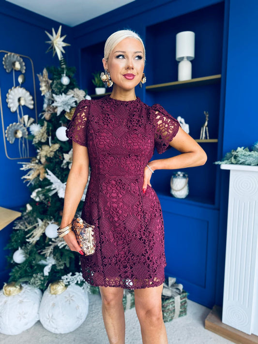 Ami Tulip Sleeve High Neck Mini Dress Crochet Wine