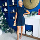 Ami Tulip Sleeve High Neck Mini Dress Crochet Navy