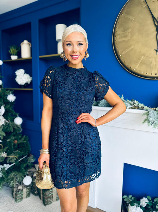 Ami Tulip Sleeve High Neck Mini Dress Crochet Navy