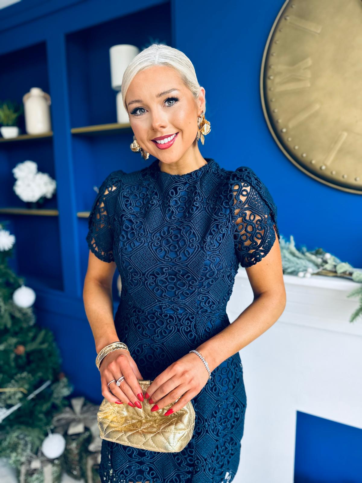 Ami Tulip Sleeve High Neck Mini Dress Crochet Navy