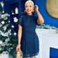 Ami Tulip Sleeve High Neck Mini Dress Crochet Navy