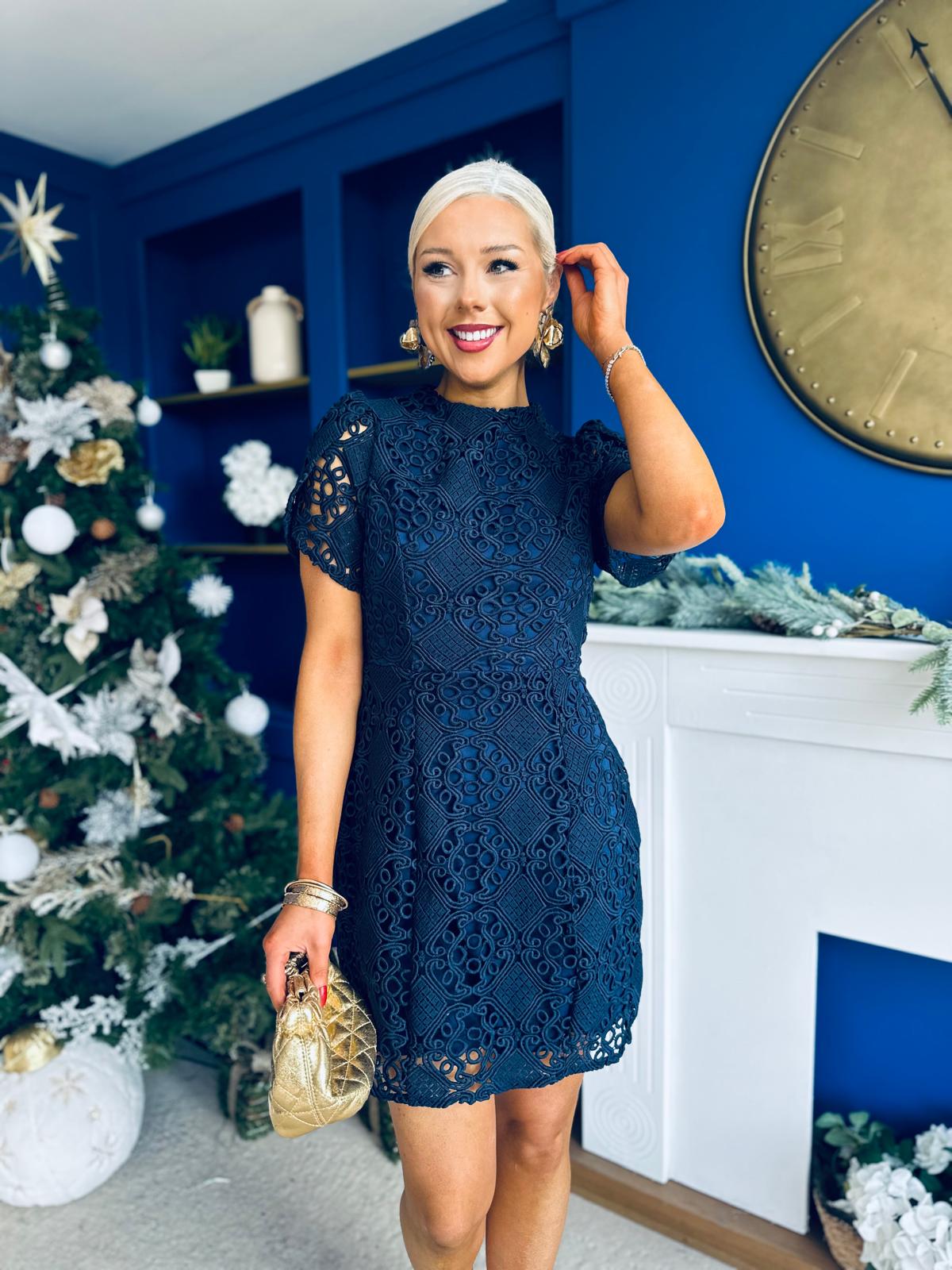 Ami Tulip Sleeve High Neck Mini Dress Crochet Navy