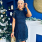Ami Tulip Sleeve High Neck Mini Dress Crochet Navy
