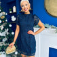 Ami Tulip Sleeve High Neck Mini Dress Crochet Navy