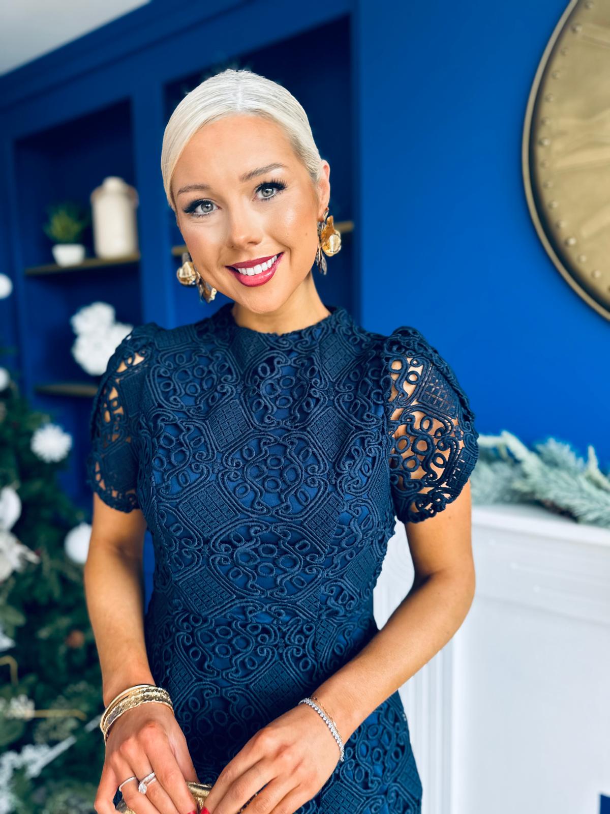 Ami Tulip Sleeve High Neck Mini Dress Crochet Navy