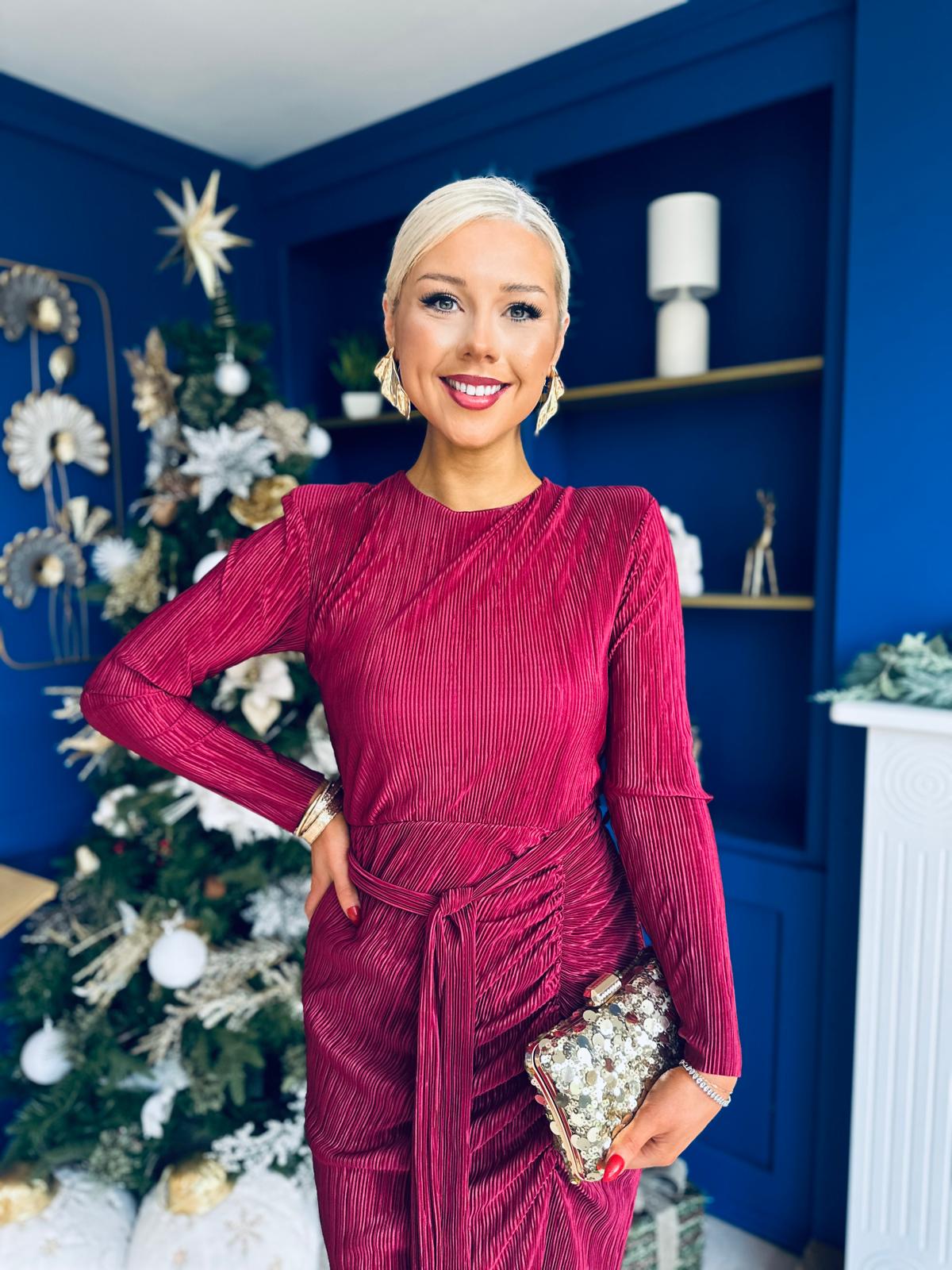 Elena Long Sleeve Ruched Seamed Midi Dress Wine