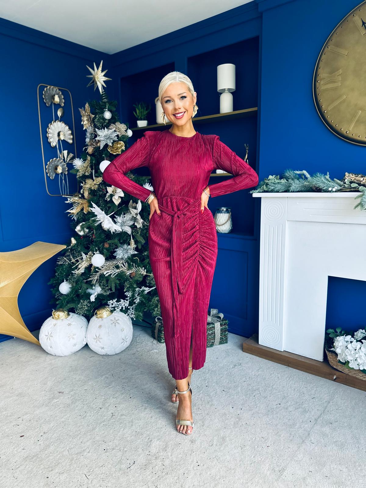 Elena Long Sleeve Ruched Seamed Midi Dress Wine