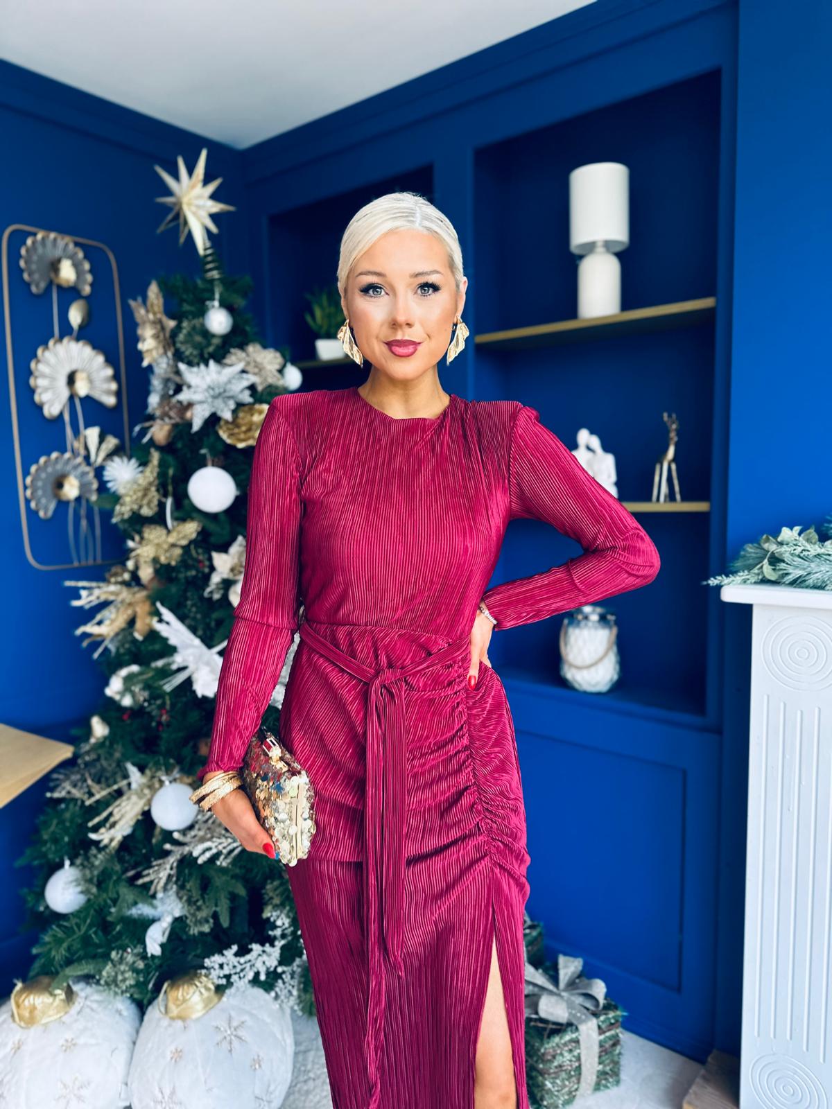 Elena Long Sleeve Ruched Seamed Midi Dress Wine