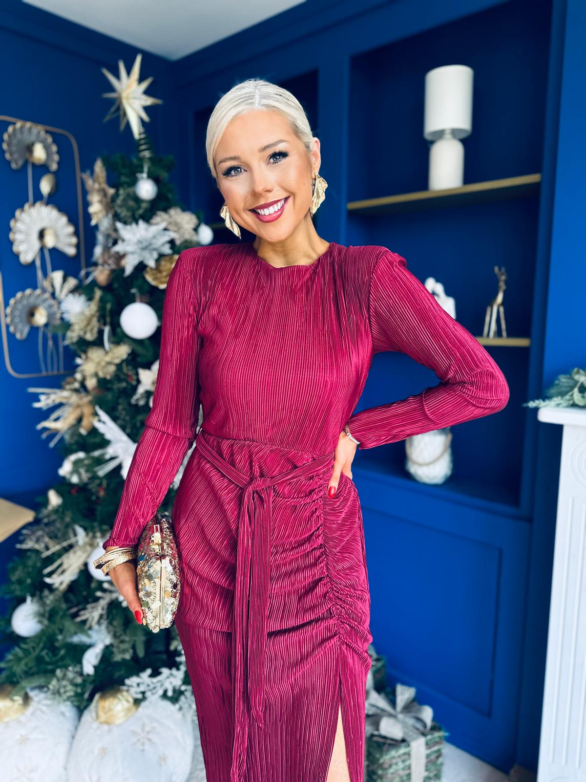 Elena Long Sleeve Ruched Seamed Midi Dress Wine