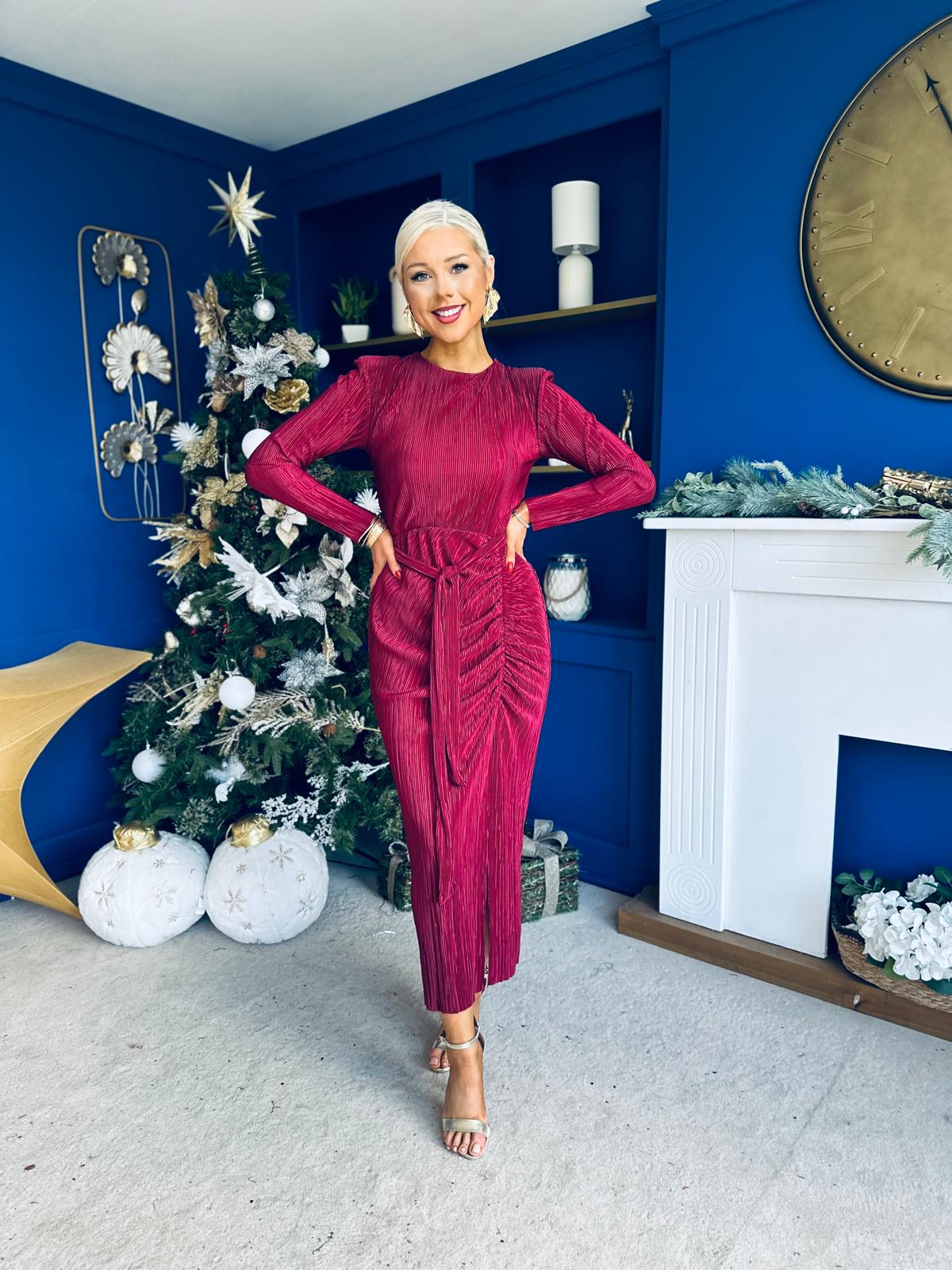 Elena Long Sleeve Ruched Seamed Midi Dress Wine