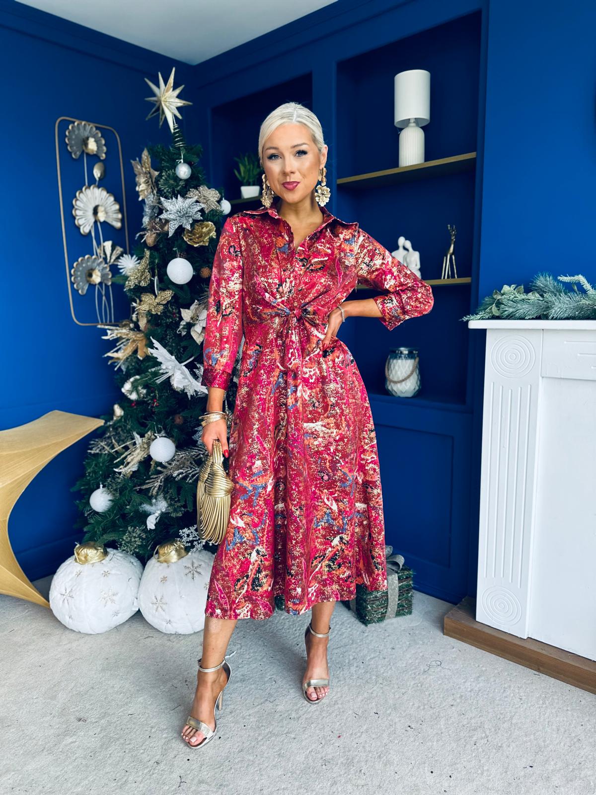 Isabella Foiled Print Tie Front Midi Dress Pink PRE ORDER Arriving 12 Dec