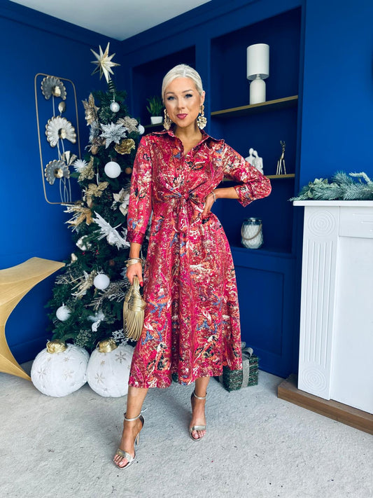 Isabella Foiled Print Tie Front Midi Dress Pink