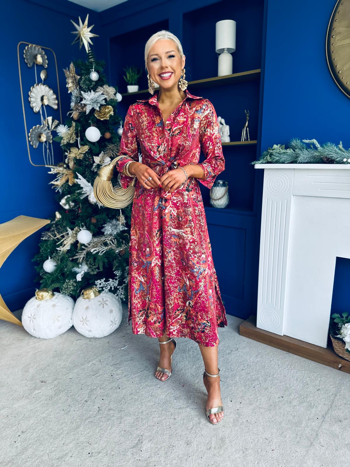 Isabella Foiled Print Tie Front Midi Dress Pink PRE ORDER Arriving 12 Dec