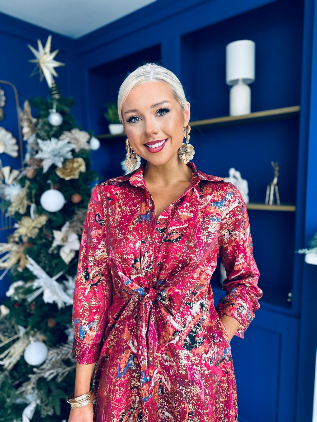 Isabella Foiled Print Tie Front Midi Dress Pink PRE ORDER Arriving 12 Dec