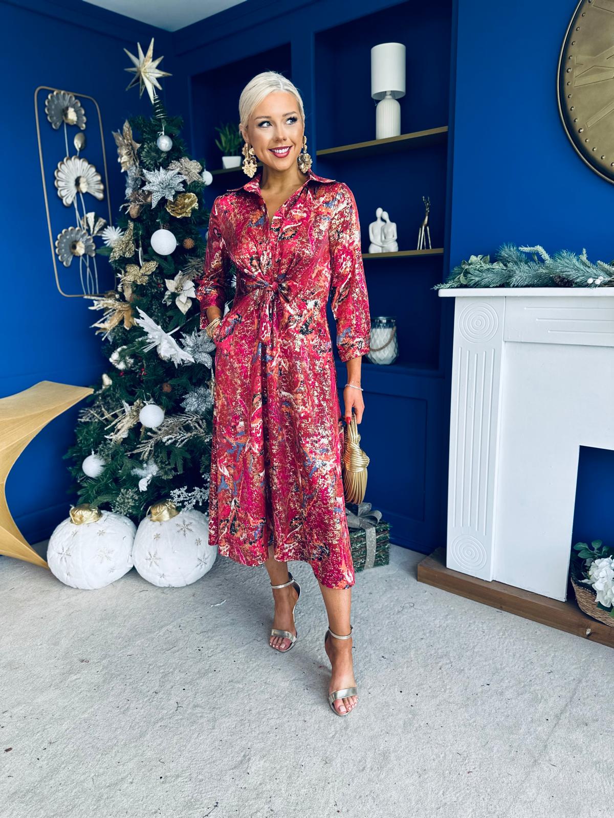 Isabella Foiled Print Tie Front Midi Dress Pink PRE ORDER Arriving 12 Dec