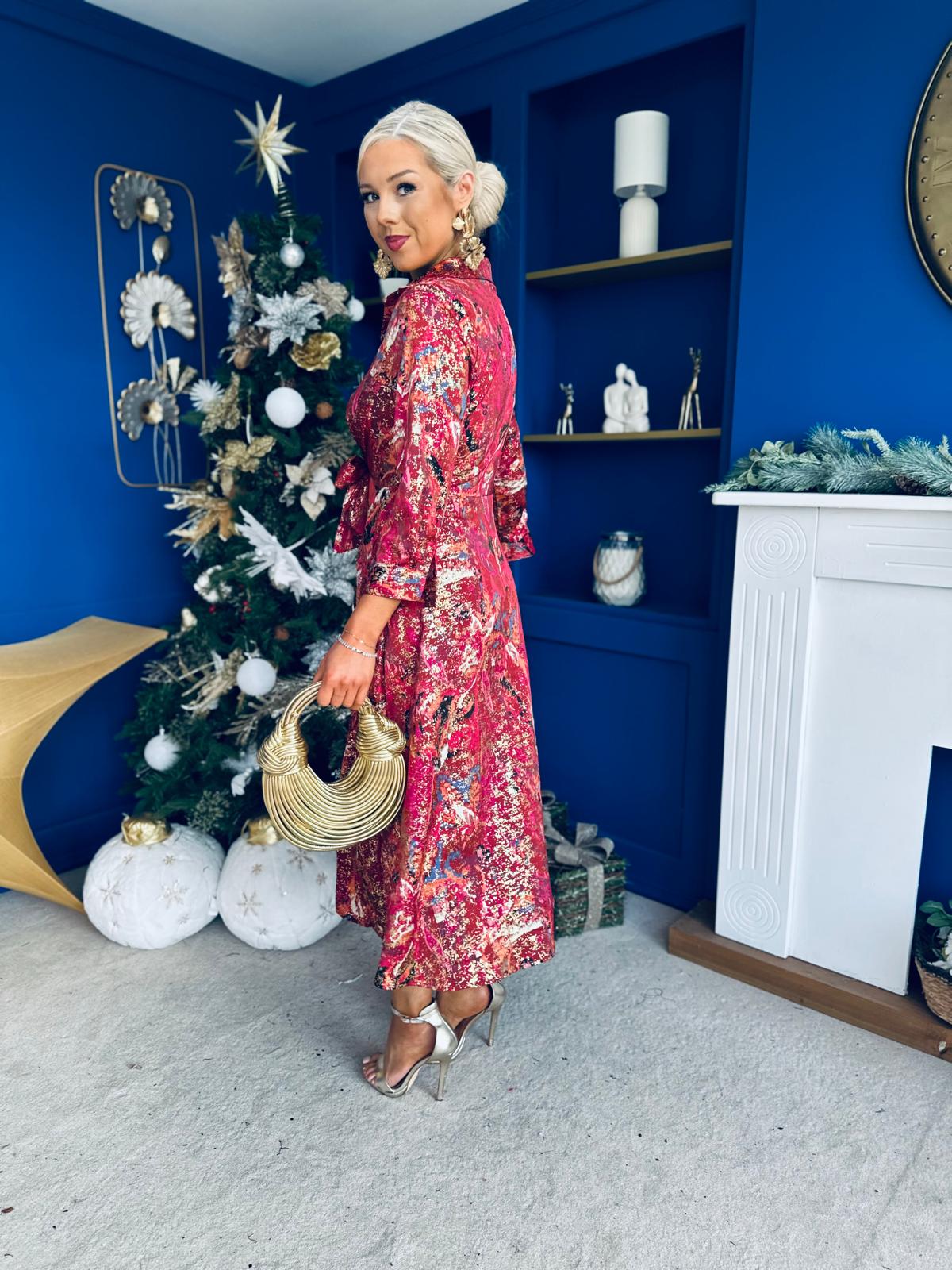 Isabella Foiled Print Tie Front Midi Dress Pink PRE ORDER Arriving 12 Dec