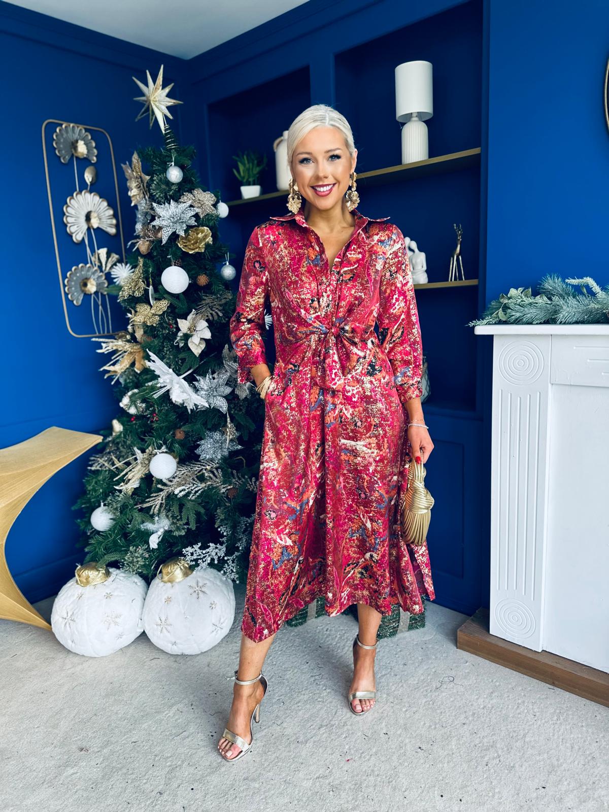 Isabella Foiled Print Tie Front Midi Dress Pink PRE ORDER Arriving 12 Dec