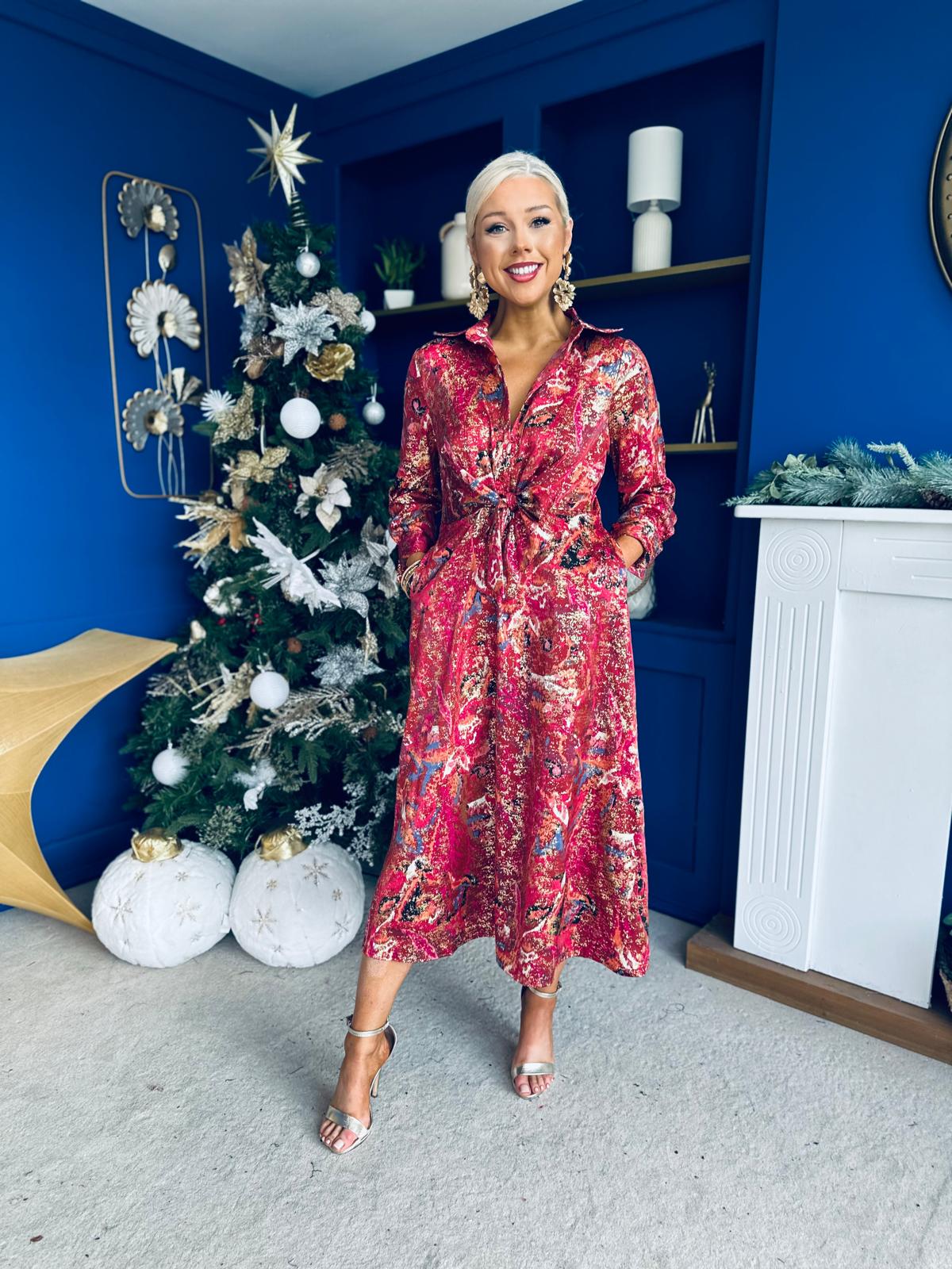 Isabella Foiled Print Tie Front Midi Dress Pink PRE ORDER Arriving 12 Dec