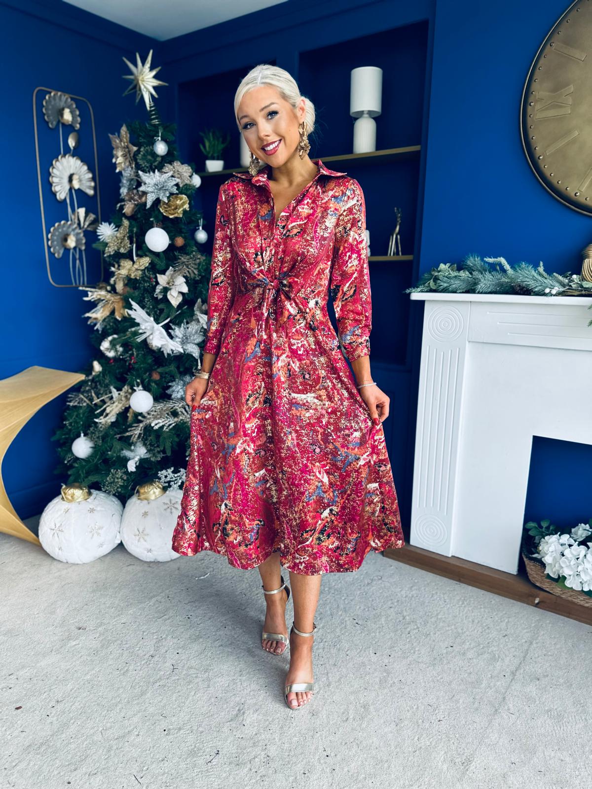Isabella Foiled Print Tie Front Midi Dress Pink PRE ORDER Arriving 12 Dec
