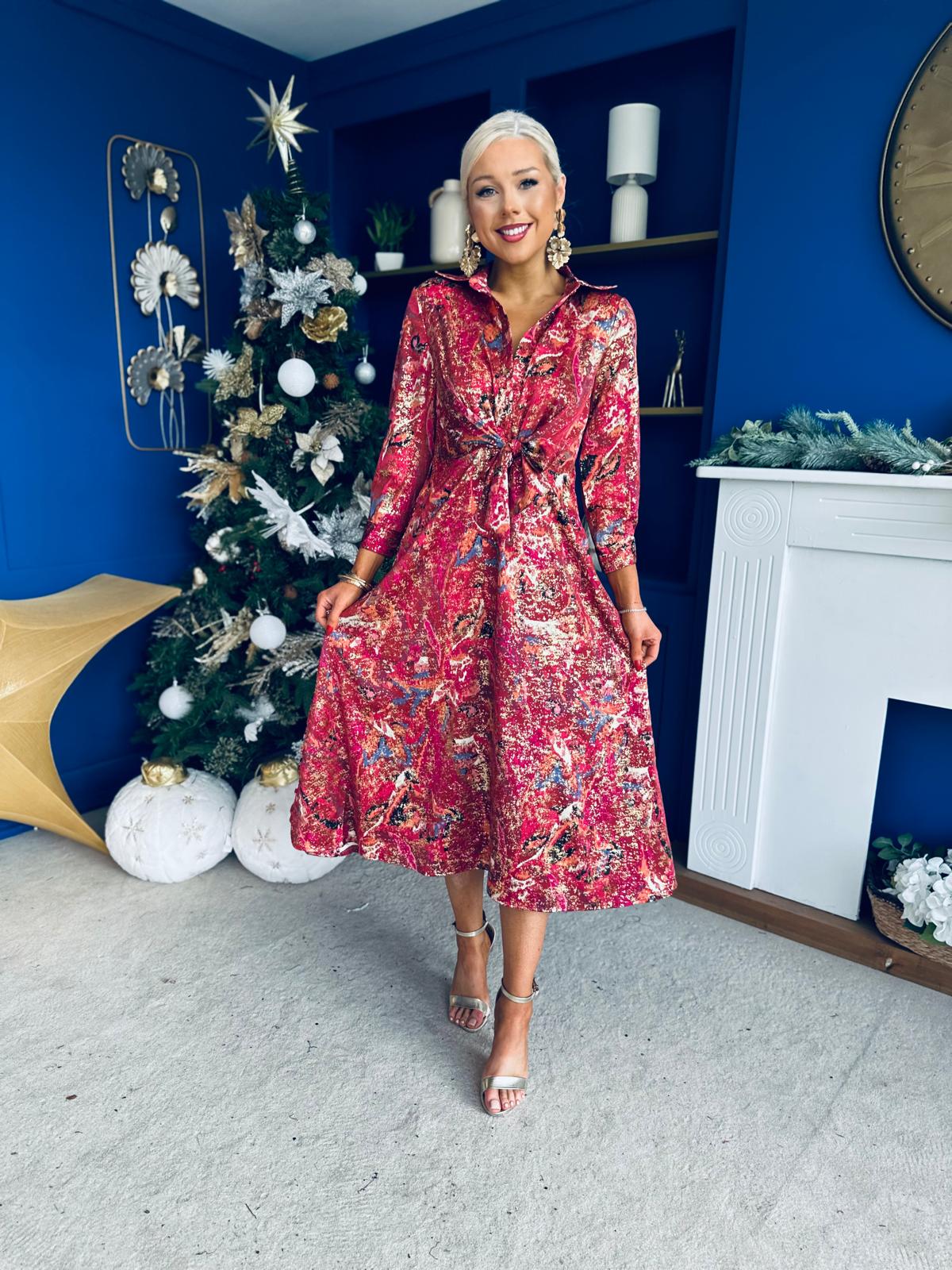 Isabella Foiled Print Tie Front Midi Dress Pink PRE ORDER Arriving 12 Dec