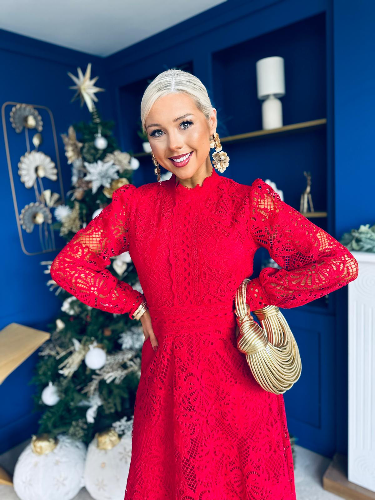 Caitlin Crochet Derail Midi Dress Red