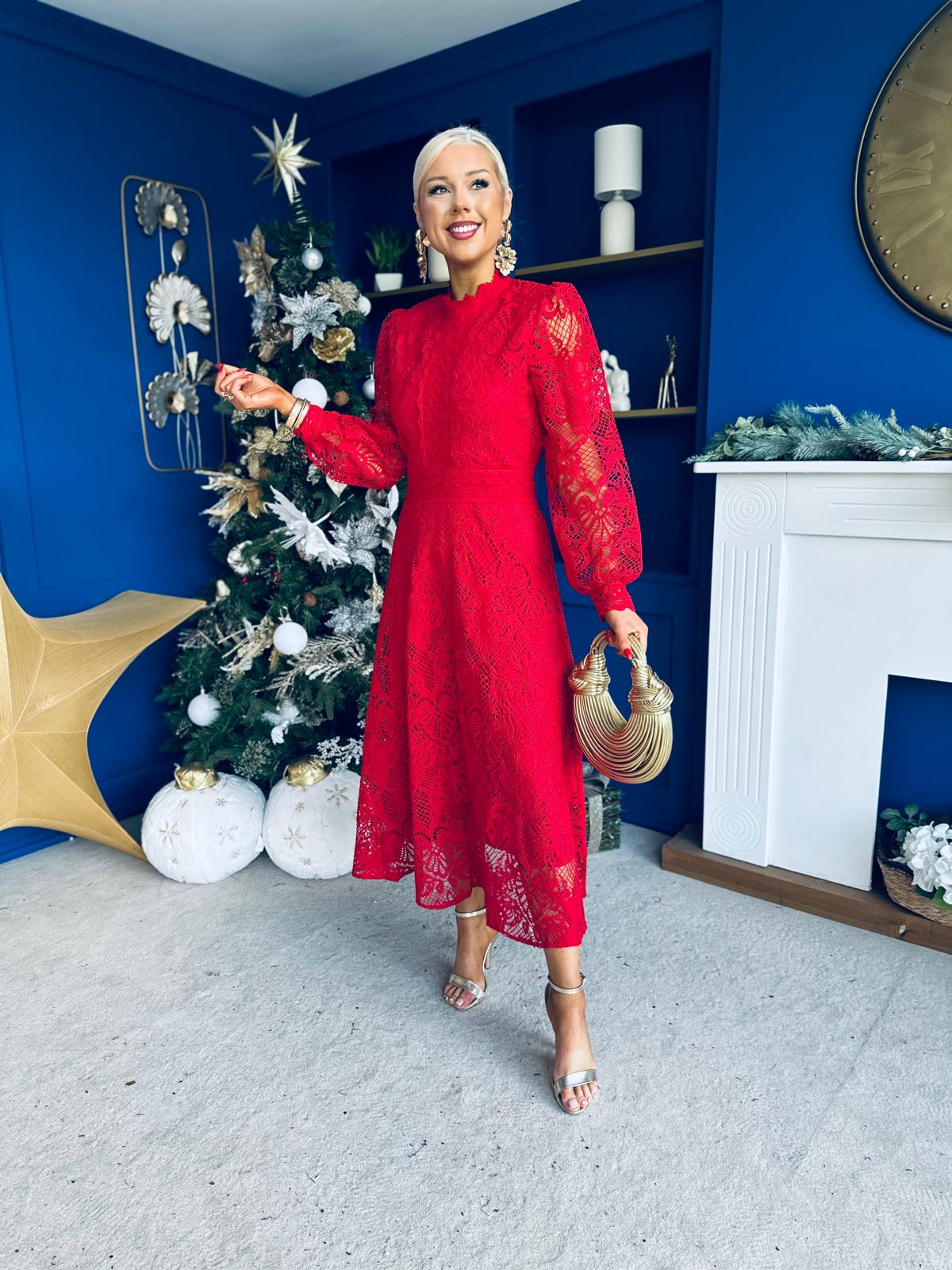 Caitlin Crochet Derail Midi Dress Red