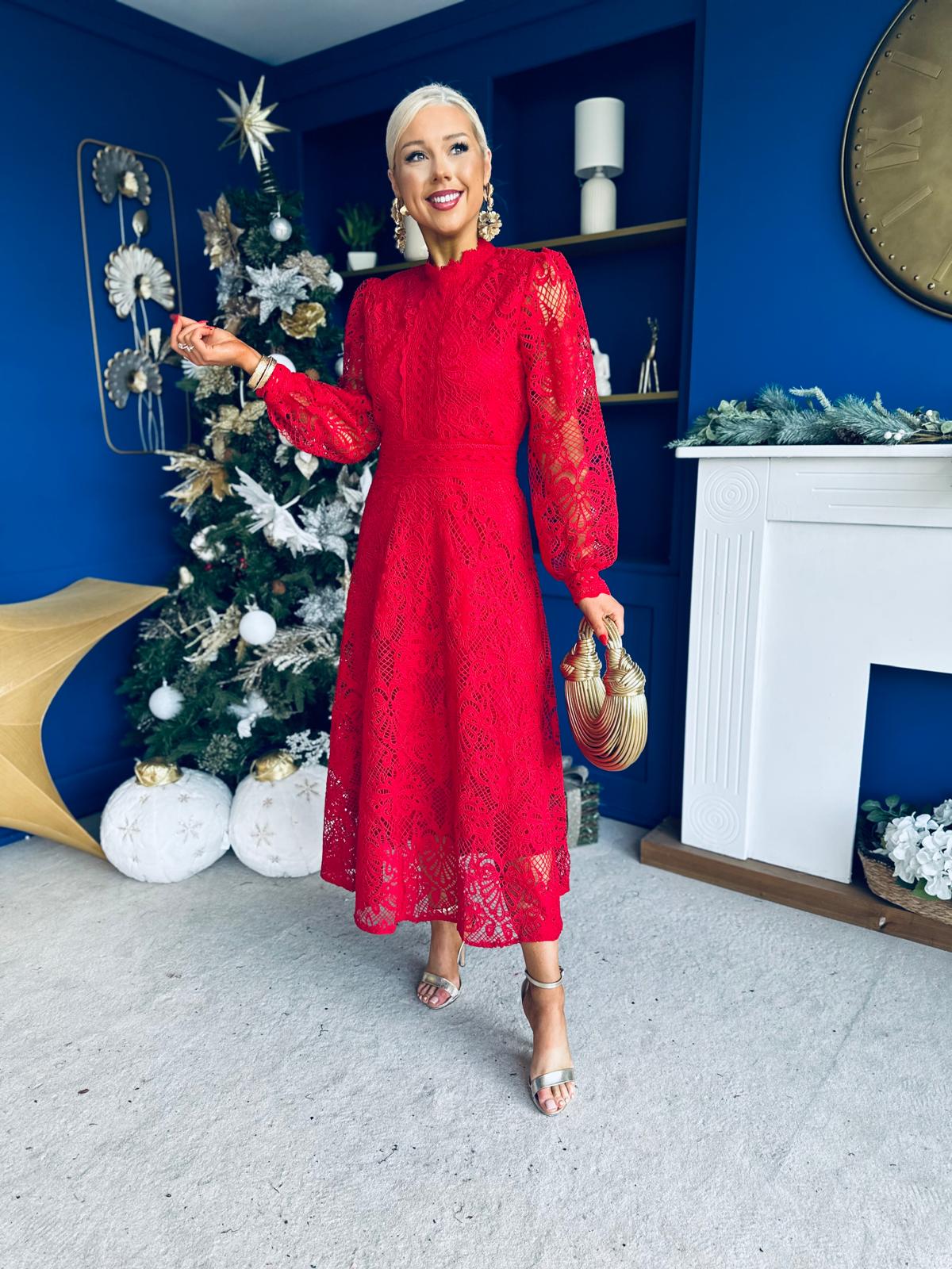 Caitlin Crochet Derail Midi Dress Red