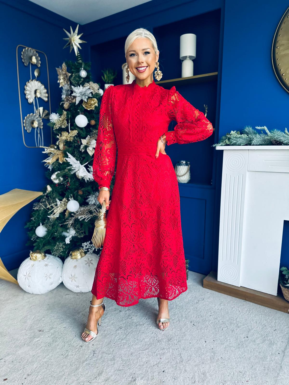 Caitlin Crochet Derail Midi Dress Red