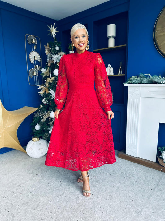 Caitlin Crochet Derail Midi Dress Red