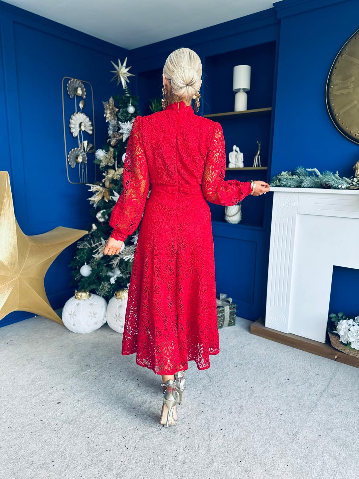 Caitlin Crochet Derail Midi Dress Red