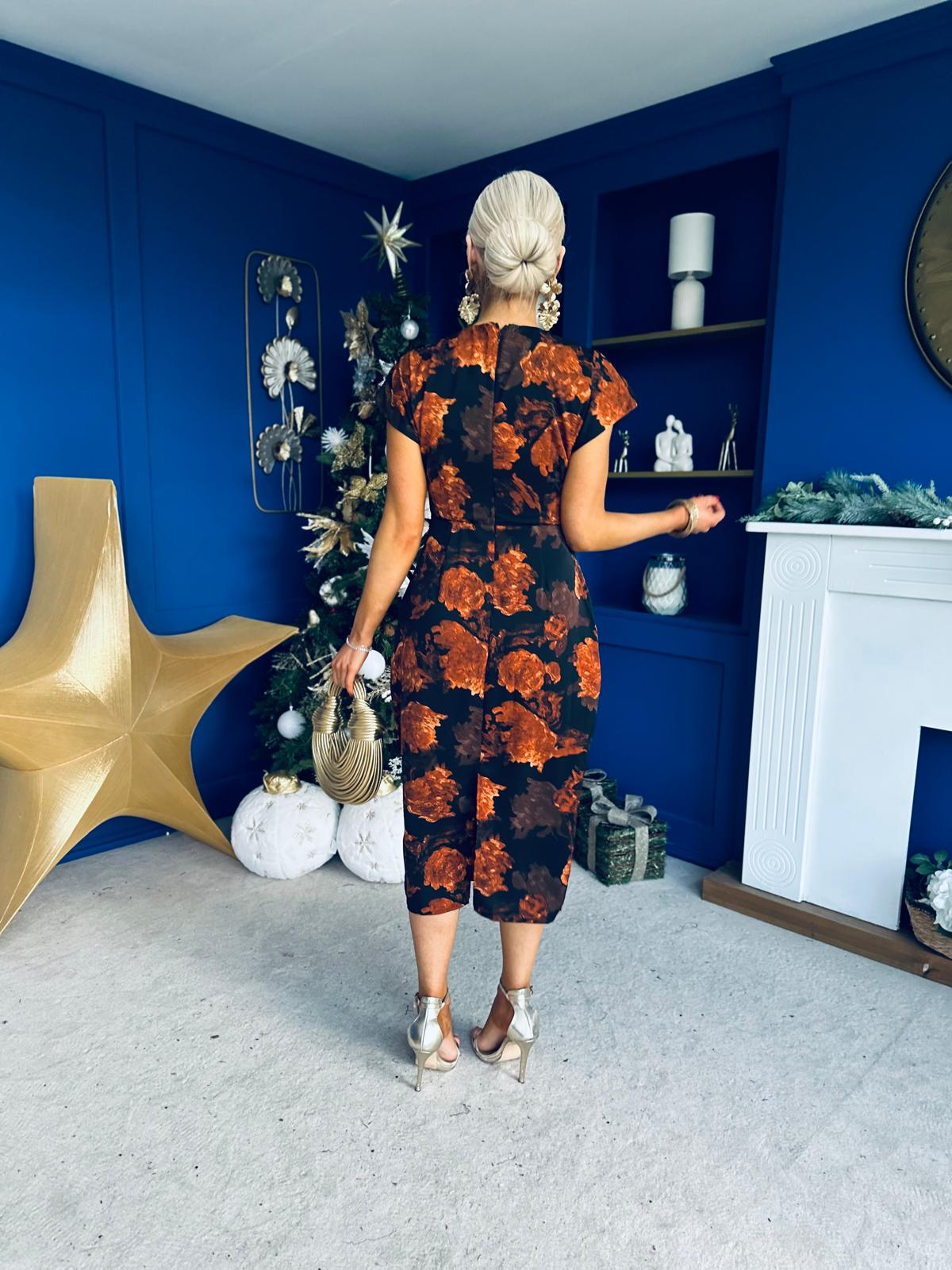 Terri Ruched Waist Short Sleeve Orange Midi Dress